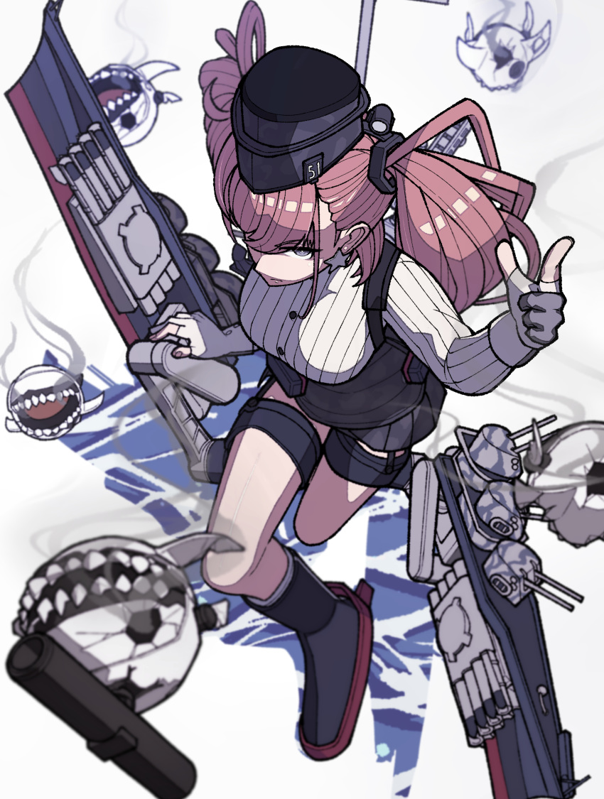 1girl 6+others absurdres anchor_hair_ornament atlanta_(kantai_collection) black_footwear black_headwear black_skirt breasts brown_hair character_request commentary_request dress_shirt earrings garrison_cap garter_straps grey_eyes hair_ornament hat high-waist_skirt highres jewelry kantai_collection karasuma_kuraha large_breasts long_hair long_sleeves machinery multiple_others rudder_footwear shirt skirt star star_earrings suspender_skirt suspenders thigh_strap two_side_up white_shirt