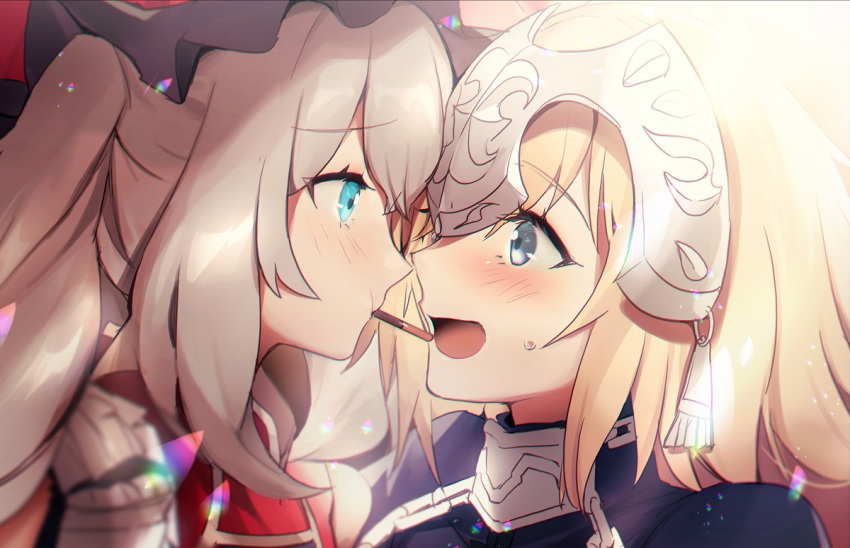 2girls blonde_hair blue_eyes blush bow eye_contact fate/apocrypha fate/grand_order fate_(series) frilled_hat frills gauntlets gloves hair_ribbon hat hat_bow headpiece jeanne_d'arc_(fate) jeanne_d'arc_(fate)_(all) large_hat long_hair looking_at_another marie_antoinette_(fate/grand_order) multiple_girls no-kan open_mouth red_headwear ribbon silver_hair smile twintails upper_body violet_eyes white_bow yuri