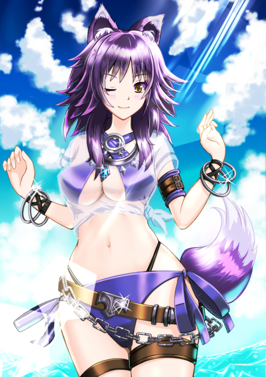 1girl animal_ear_fluff animal_ears bad_company blush breasts commentary commentary_request cygames eyebrows_visible_through_hair fang highres large_breasts makoto_(princess_connect!) midriff navel o-ring o-ring_bikini ocean one_eye_closed outdoors panties princess_connect! princess_connect!_re:dive purple_hair side-tie_panties solo swimsuit tail under_boob underwear wolf_ears wolf_girl wolf_tail