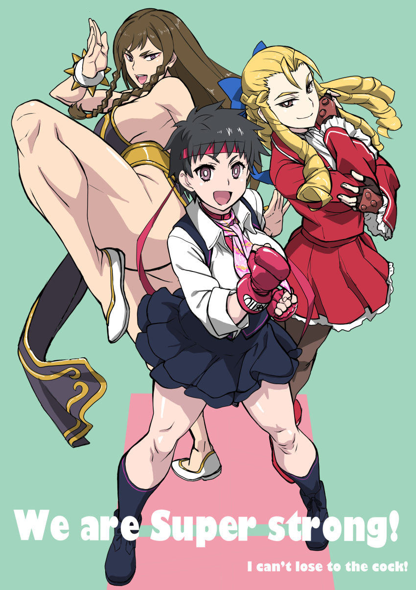 1girl absurdres antenna_hair blonde_hair bow breasts brown_hair chun-li drill_hair fingerless_gloves forehead gloves hair_bow hair_pulled_back highres instant_loss_2koma kanzuki_karin kasugano_sakura long_hair makinaru multiple_girls pelvic_curtain ringlets sailor_collar school_uniform serafuku short_hair skirt smile street_fighter street_fighter_v tagme