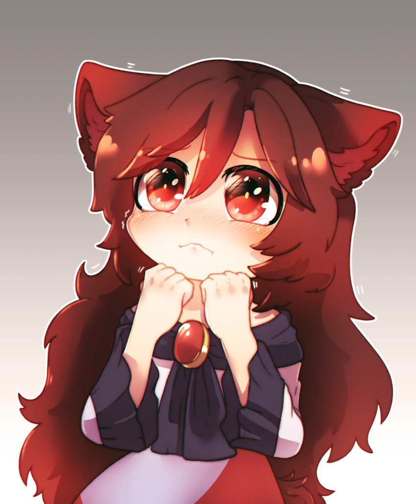 1girl animal_ears bare_shoulders blush brooch brown_hair chibi commentary dress dungeon_toaster eyebrows_visible_through_hair gradient gradient_background highres imaizumi_kagerou jewelry long_hair long_sleeves looking_up off-shoulder_dress off_shoulder red_eyes solo tail tears touhou wolf_ears wolf_tail