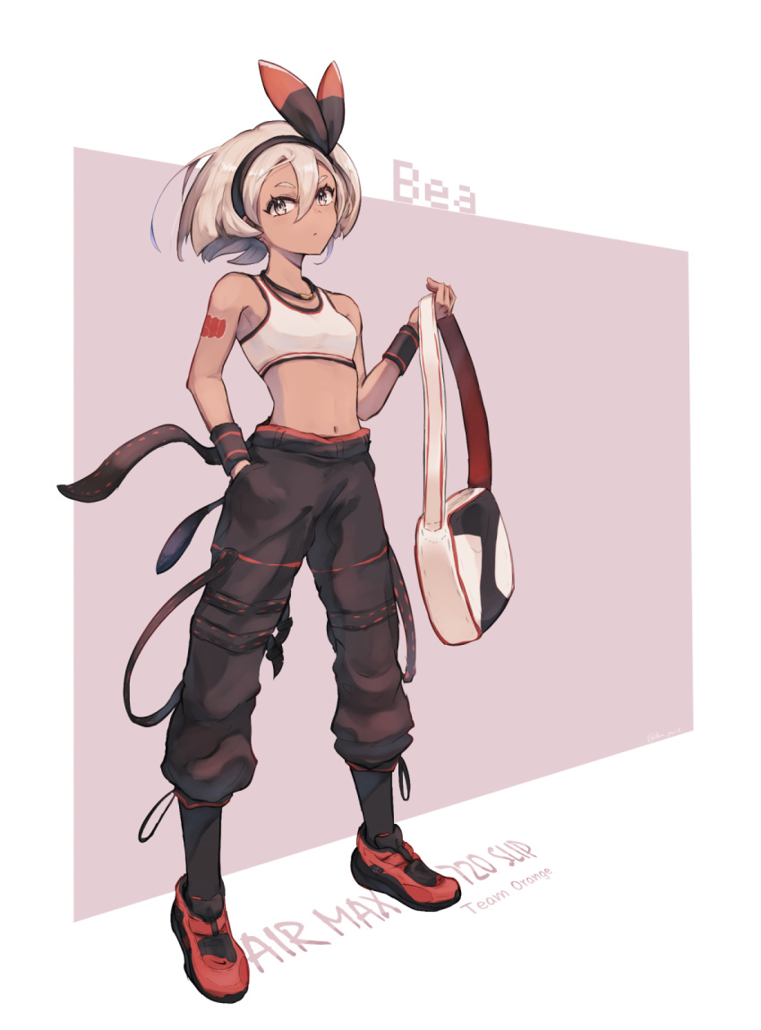 1girl bag black_pants bra breasts character_name dark_skin full_body gym_leader hand_in_pocket highres holding holding_bag looking_at_viewer medium_hair midriff navel odd_(hin_yari) pants pink_background pokemon pokemon_(game) pokemon_swsh red_footwear saitou_(pokemon) shiny shiny_hair shoes silver_hair small_breasts sneakers solo sports_bra standing stomach two-tone_background underwear white_background white_bra wristband yellow_eyes