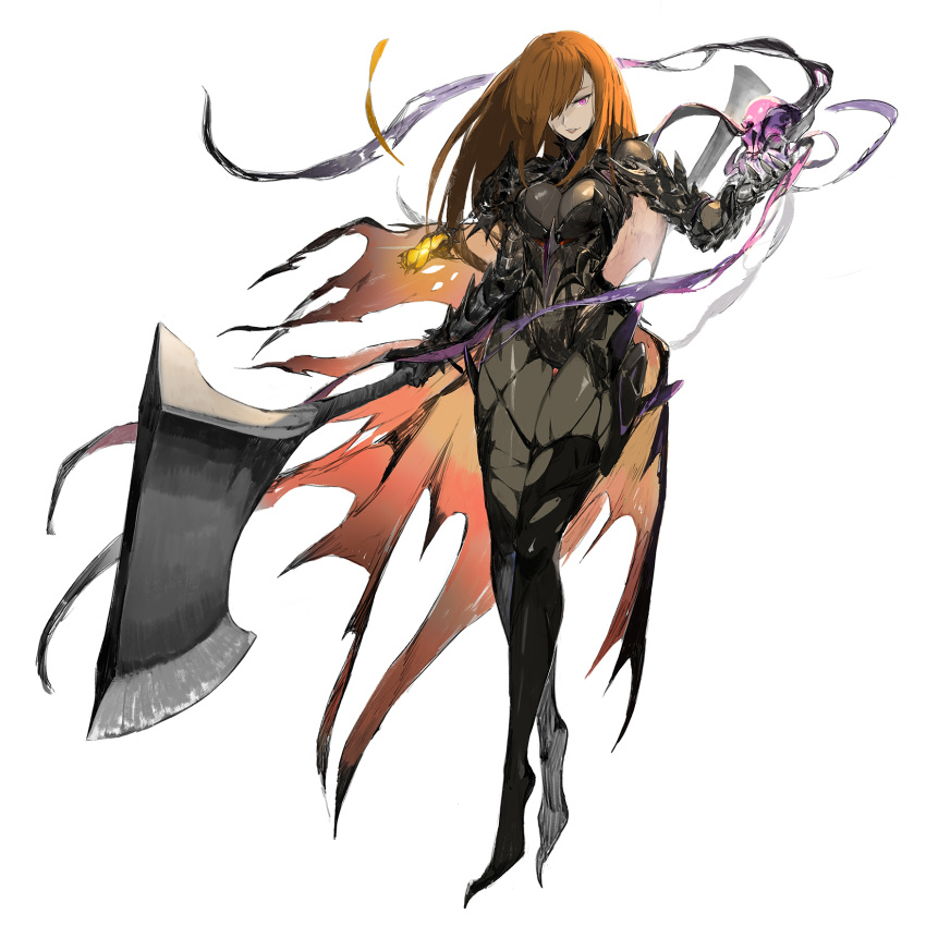 1girl armor axe bamuth brown_hair gauntlets highres holding holding_axe holding_skull holding_weapon huge_weapon lantern long_hair original parted_lips simple_background sketch skull slit_pupils smile solo torn_clothes vambraces violet_eyes weapon wet white_background