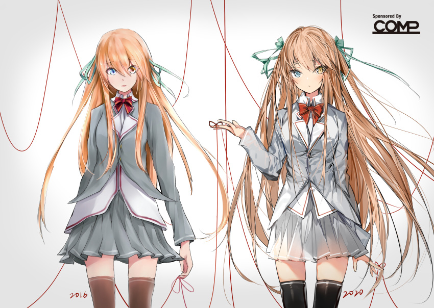 1girl artist_progress bangs black_legwear blue_eyes blush bow breasts brown_eyes brown_hair brown_legwear closed_mouth collared_shirt commentary_request eyebrows_visible_through_hair gradient gradient_background green_ribbon grey_background grey_jacket grey_skirt hair_between_eyes hair_ribbon hand_up heterochromia highres jacket long_hair looking_at_viewer looking_back multiple_views original parted_lips pleated_skirt red_bow red_string ribbon shirt silver_(chenwen) skirt small_breasts standing string string_around_finger striped striped_bow thigh-highs very_long_hair white_background white_shirt
