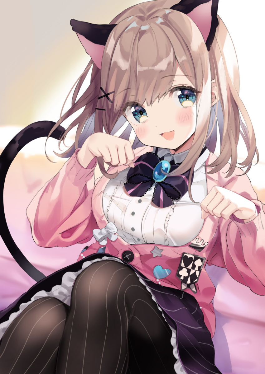1girl :d animal_ears black_skirt blue_eyes blush bow bowtie breasts brooch brown_hair cat_ears cat_tail commentary_request eyebrows_visible_through_hair eyelashes eyes_visible_through_hair hair_bow hair_ornament hairclip highres jewelry kanda_done long_sleeves looking_at_viewer medium_breasts medium_hair nijisanji open_mouth paw_pose pink_cardigan purple_bow purple_neckwear shirt sitting skirt smile solo striped striped_legwear striped_skirt suzuhara_lulu tail virtual_youtuber white_shirt x_hair_ornament