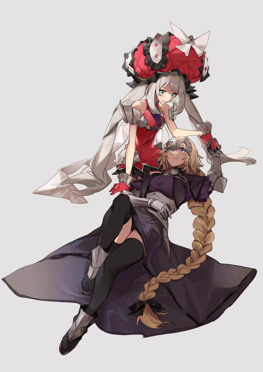 2girls armor armored_dress blonde_hair braid capelet chain closed_eyes dress eye_contact eyebrows_visible_through_hair fate/apocrypha fate/grand_order fate_(series) faulds full_body gauntlets gloves grey_background hair_ribbon headpiece highres jeanne_d'arc_(fate) jeanne_d'arc_(fate)_(all) long_braid long_hair looking_at_another lying marie_antoinette_(fate/grand_order) multiple_girls no-kan on_back red_dress red_gloves red_headwear ribbon short_dress silver_hair simple_background single_braid sleeveless sleeveless_dress twintails very_long_hair