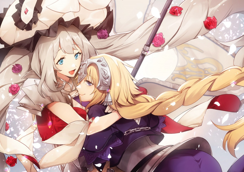 2girls armor black_ribbon blonde_hair blue_eyes bow braid capelet chain fate/apocrypha fate/grand_order fate_(series) frilled_hat frills gauntlets gloves hair_ribbon hat hat_bow headpiece jeanne_d'arc_(fate) jeanne_d'arc_(fate)_(all) large_hat long_hair looking_at_another marie_antoinette_(fate/grand_order) multiple_girls no-kan open_mouth ribbon silver_hair single_braid smile twintails violet_eyes white_bow