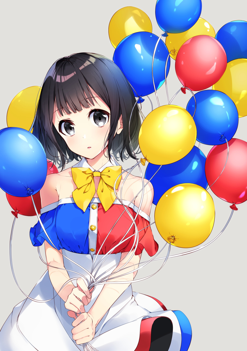 1girl absurdres balloon bangs bare_shoulders black_eyes black_hair blue_dress bon_(bonbon315) bow breasts collarbone commentary_request dress eyebrows_visible_through_hair highres holding_balloon medium_breasts multicolored multicolored_clothes multicolored_dress original parted_lips red_dress short_hair short_sleeves solo strapless strapless_dress white_dress yellow_bow yellow_neckwear