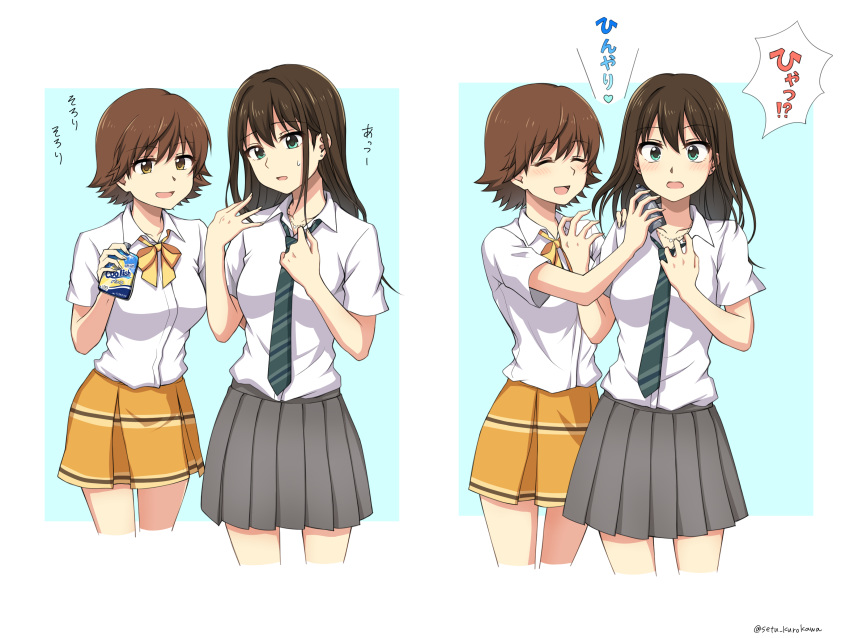 2girls absurdres aqua_eyes blush brown_hair closed_eyes commentary highres honda_mio hot idolmaster idolmaster_cinderella_girls jewelry left-to-right_manga long_hair multiple_girls necklace necktie pleated_skirt school_uniform setu_kurokawa shibuya_rin short_hair simple_background skirt translated yellow_eyes