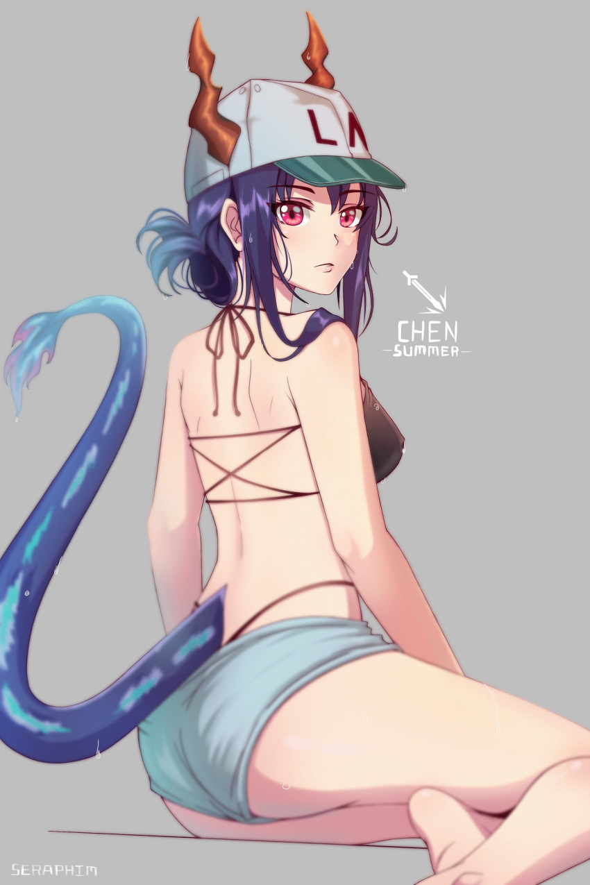1girl arknights ass bangs bare_arms bare_shoulders baseball_cap bikini black_bikini blue_hair ch'en_(arknights) character_name commentary dragon_horns dragon_tail folded_ponytail from_behind grey_background grey_shorts hat highres horns looking_at_viewer looking_back paolo_espana red_eyes short_hair short_shorts shorts sidelocks simple_background sitting solo swimsuit tail thighs