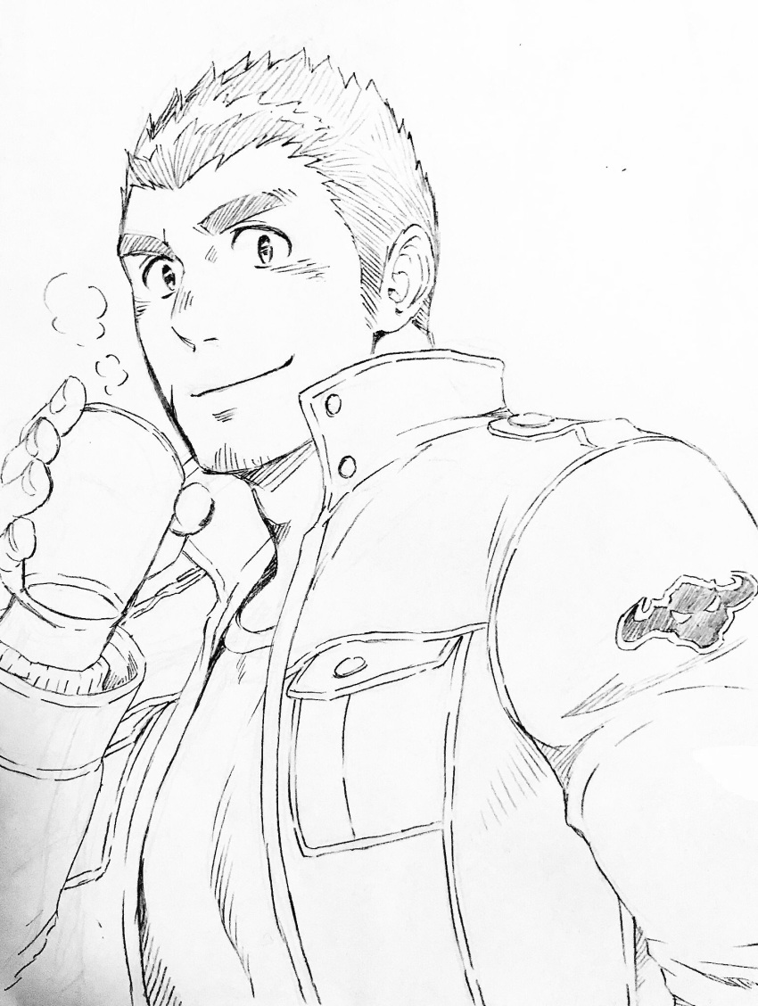 beard blush coat collar cup disposable_cup facial_hair greyscale gunzo_(tokyo_houkago_summoners) highres long_sleeves looking_at_viewer lumentunes male_focus monochrome scar shirt sketch smile solo spiky_hair steam stubble thick_eyebrows tokyo_houkago_summoners upper_body white_background