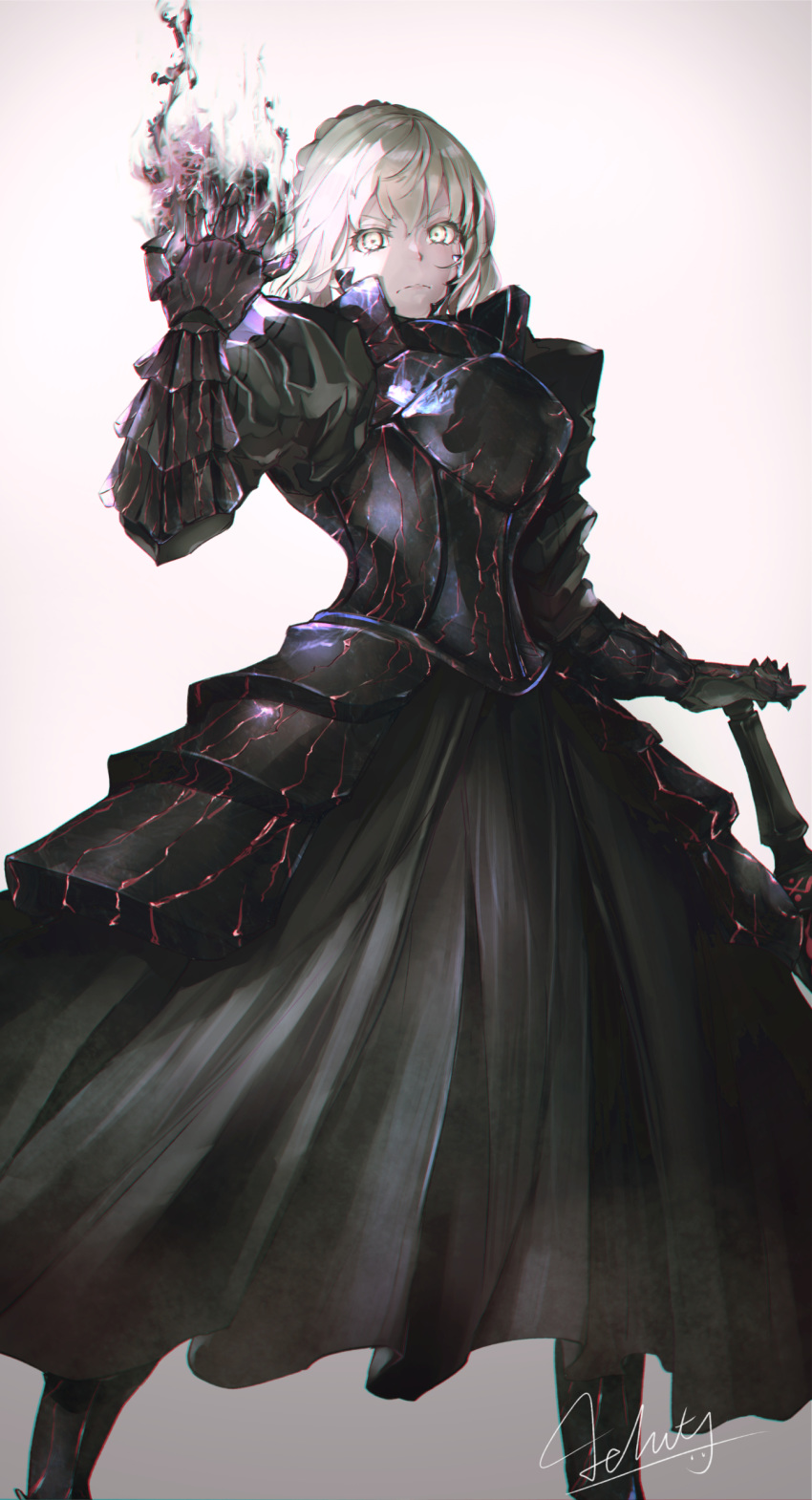 1girl absurdres armor armored armored_dress artoria_pendragon_(all) black_dress black_footwear breastplate closed_mouth dark_excalibur dress fate/stay_night fate_(series) faulds frown gauntlets hair_between_eyes hand_on_hilt highres jjjehuty long_dress looking_at_viewer saber_alter shiny shiny_hair signature silver_hair solo standing yellow_eyes