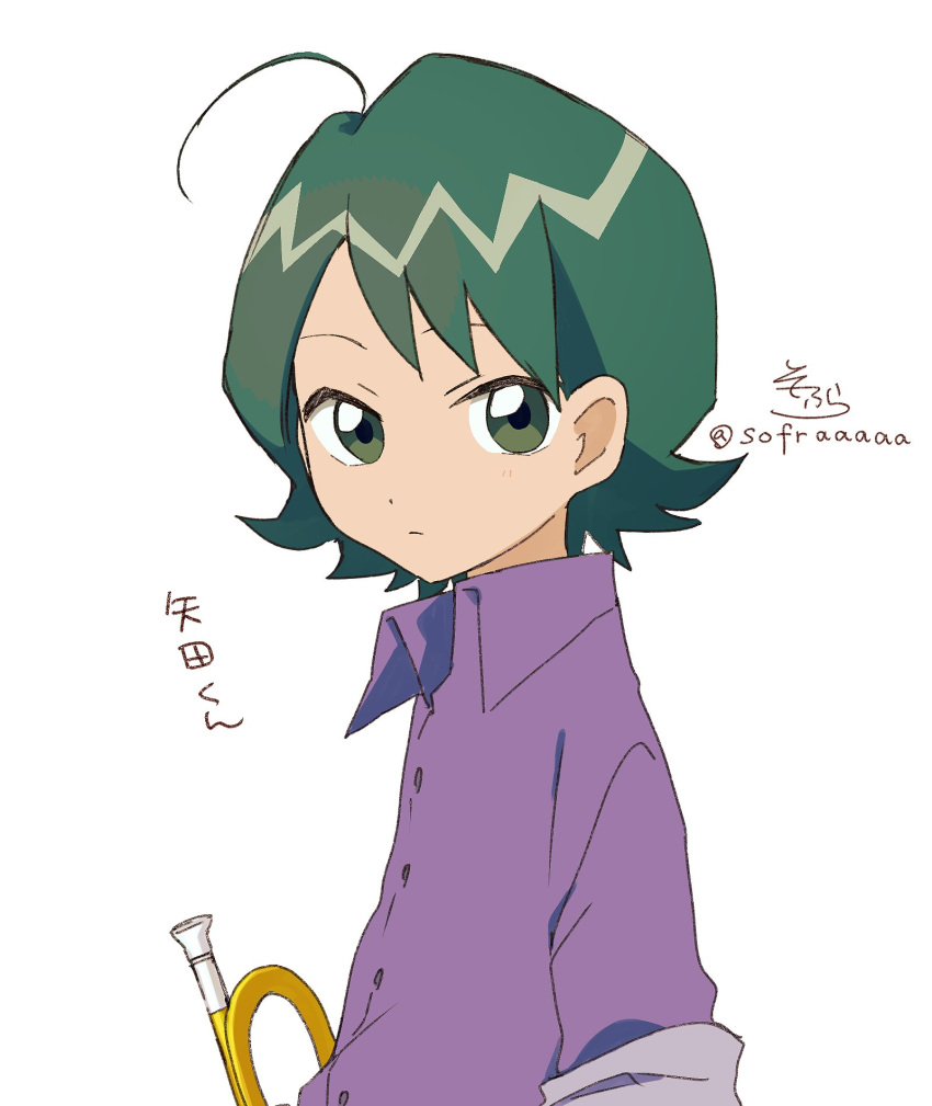 ahoge bangs collared_shirt copyright_request dress_shirt eyebrows_behind_hair green_eyes green_hair highres instrument looking_at_viewer purple_shirt shirt signature simple_background sofra solo translation_request trumpet twitter_username upper_body white_background