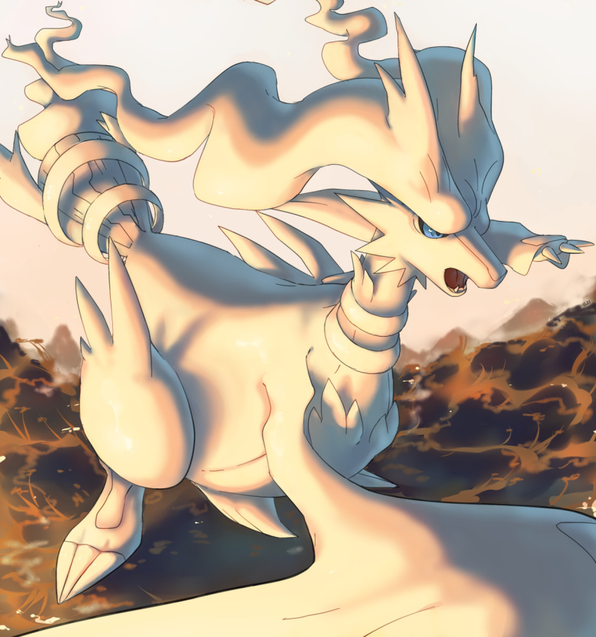 blue_eyes claws commentary creature english_commentary fangs gen_5_pokemon highres legendary_pokemon no_humans pinkgermy pokemon pokemon_(creature) reshiram solo standing