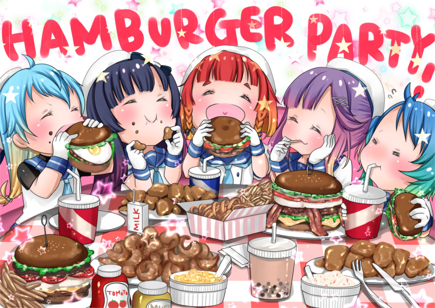 5girls absurdres blonde_hair blue_hair blue_neckwear blue_sailor_collar bob_cut braid bubble_tea closed_eyes drinking eating etorofu_(kantai_collection) food food_on_face french_fries fukae_(kantai_collection) gloves gradient_hair hair_ribbon hamburger hand_on_own_face hat highres kantai_collection ketchup_bottle long_hair matsuwa_(kantai_collection) milk_carton multicolored_hair multiple_girls mustard_bottle neckerchief orange_hair purple_hair redhead ribbon sado_(kantai_collection) sailor_collar sailor_hat short_hair side_braid smile starry_backgroundblush syocolatie table thick_eyebrows tsushima_(kantai_collection) twin_braids white_gloves