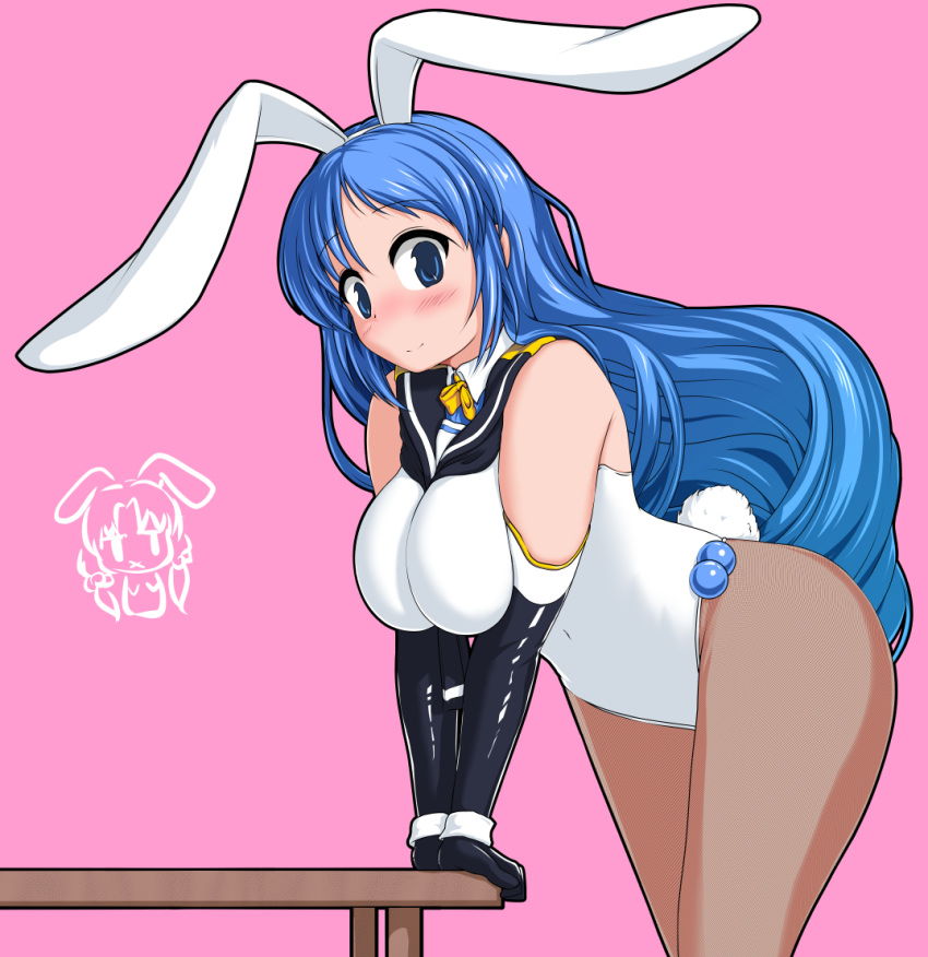 1girl adapted_costume alternate_breast_size animal_ears bangs black_gloves black_legwear blue_eyes blue_hair blush breasts bunny_girl bunny_tail elbow_gloves gloves jini_ya1 kantai_collection large_breasts long_hair navel nipples nose_blush pink_background playboy_bunny rabbit_ears revealing_clothes samidare_(kantai_collection) simple_background solo suzukaze_(kantai_collection) swept_bangs table tail very_long_hair