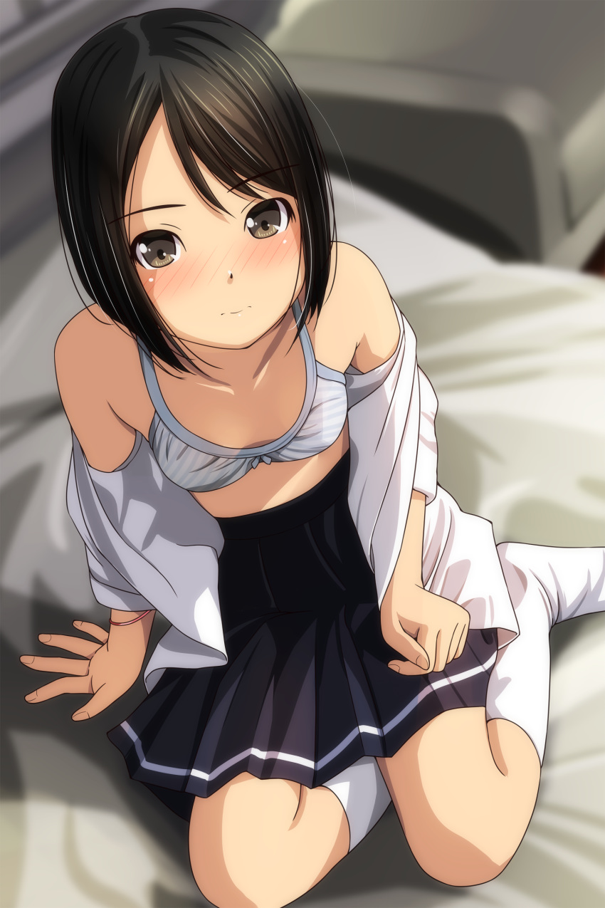 1girl absurdres arm_support bangs bare_shoulders bed black_hair black_skirt blurry blurry_background blush bow bow_bra bra brown_eyes closed_mouth depth_of_field eyebrows_visible_through_hair highres indoors kneehighs looking_at_viewer matsunaga_kouyou no_shoes nose_blush off_shoulder on_bed open_clothes open_shirt original pleated_skirt shirt sitting skirt solo striped striped_bra underwear white_legwear white_shirt yokozuwari