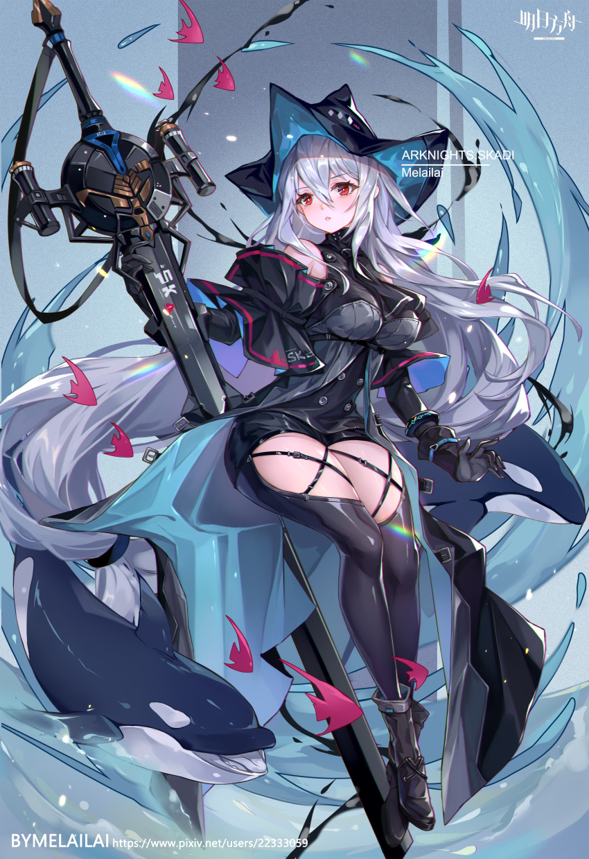 1girl absurdres arknights artist_name bare_shoulders black_footwear black_gloves black_shirt bracelet breasts commentary_request detached_sleeves full_body gloves hair_between_eyes hat highres holding holding_sword holding_weapon jewelry long_hair low-tied_long_hair melailai orca parted_lips red_eyes shirt silver_hair skadi_(arknights) solo sword thigh_cutout very_long_hair weapon