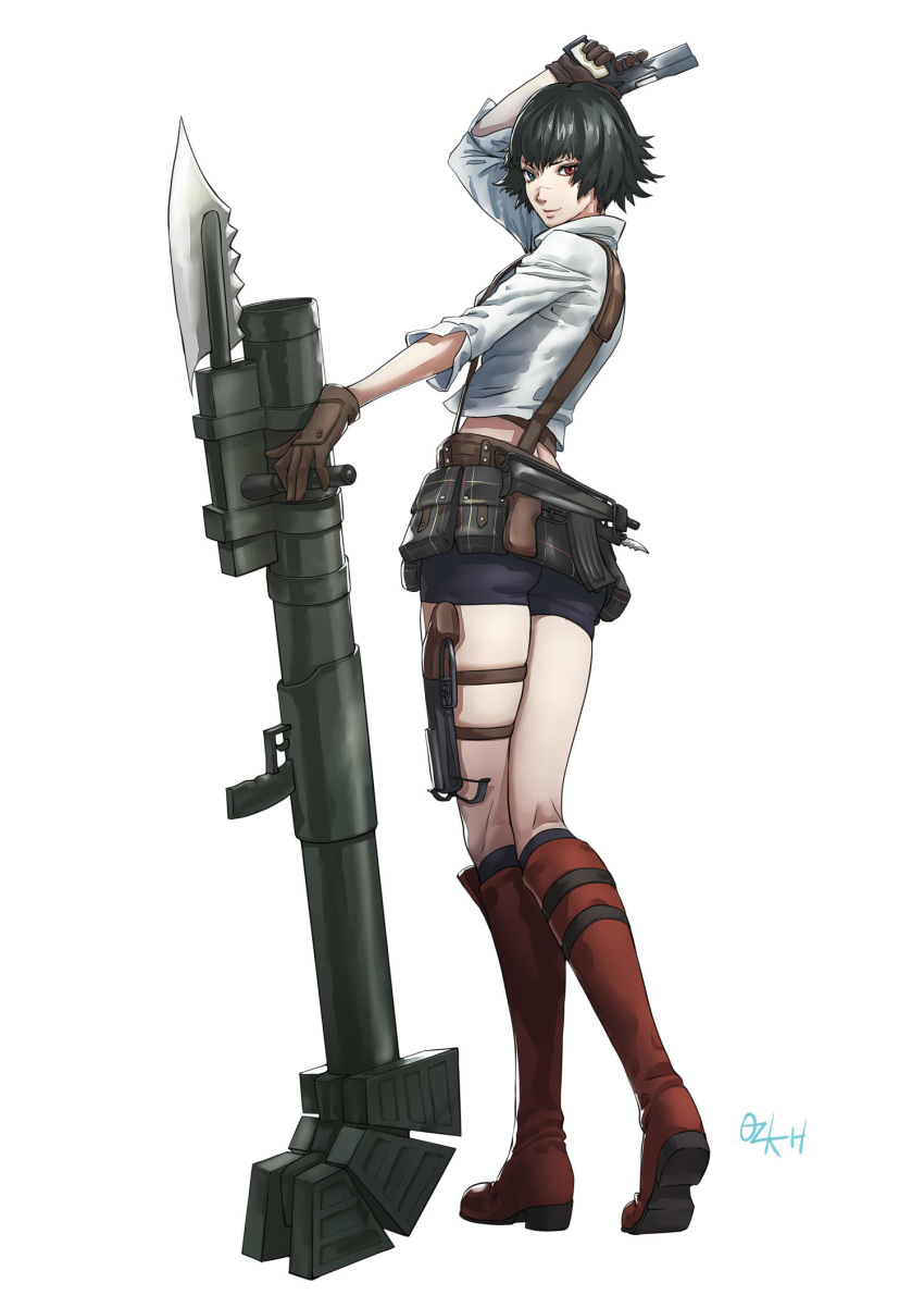 1girl arm_up black_hair blue_eyes boots brown_gloves devil_may_cry devil_may_cry_3 facial_scar gloves grenade_launcher gun handgun heterochromia highres holding holding_gun holding_weapon holster holstered_weapon lady_(devil_may_cry) nose_scar ozkh6 pouch red_eyes scar short_hair signature simple_background smile solo standing weapon white_background