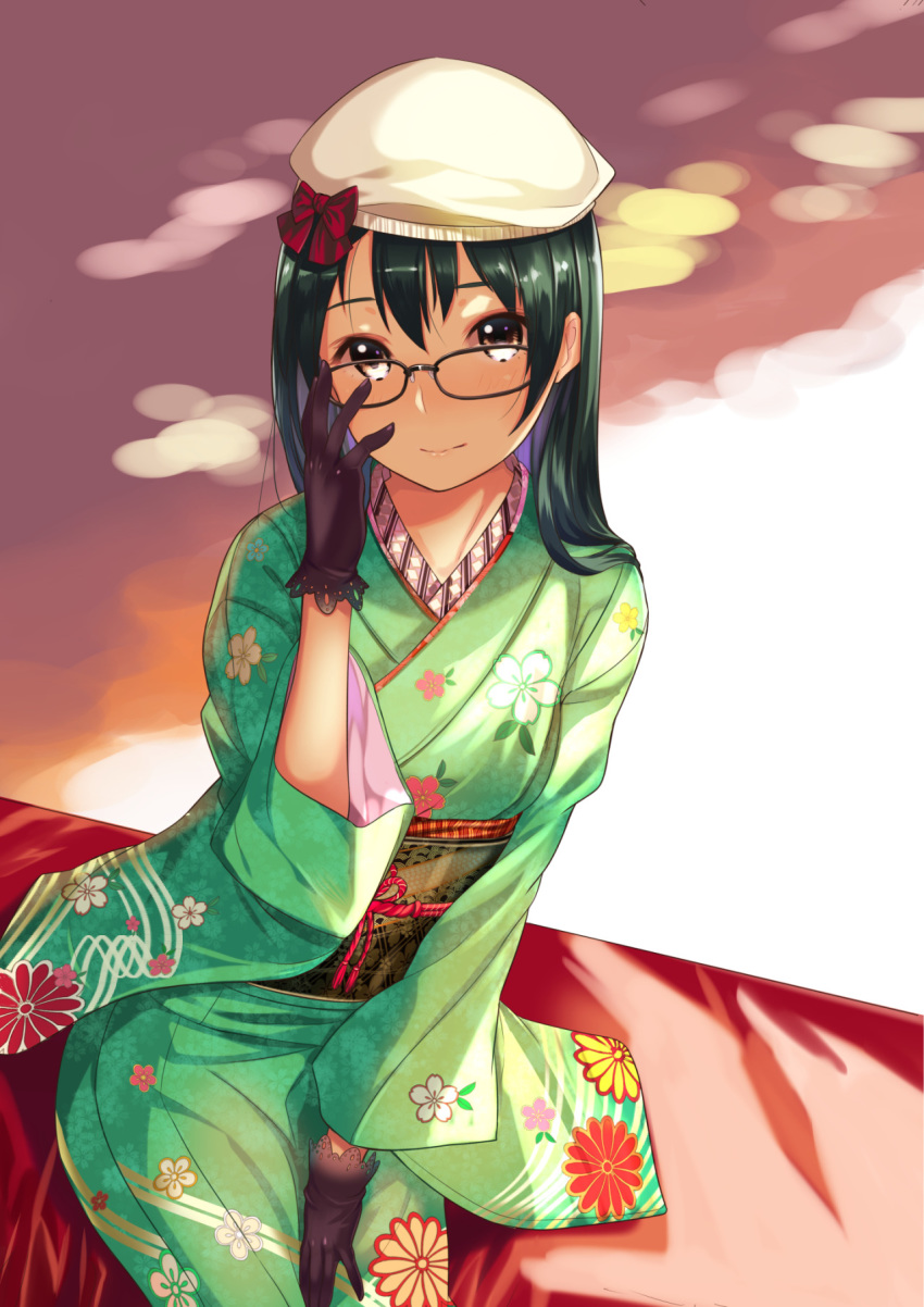 1girl beret black-framed_eyewear bow brown_eyes brown_gloves closed_mouth floral_print glasses gloves green_hair green_kimono green_theme hair_bow hat highres japanese_clothes kagematsuri kimono long_sleeves looking_at_viewer obi original red_bow sash sitting smile solo white_headwear wide_sleeves