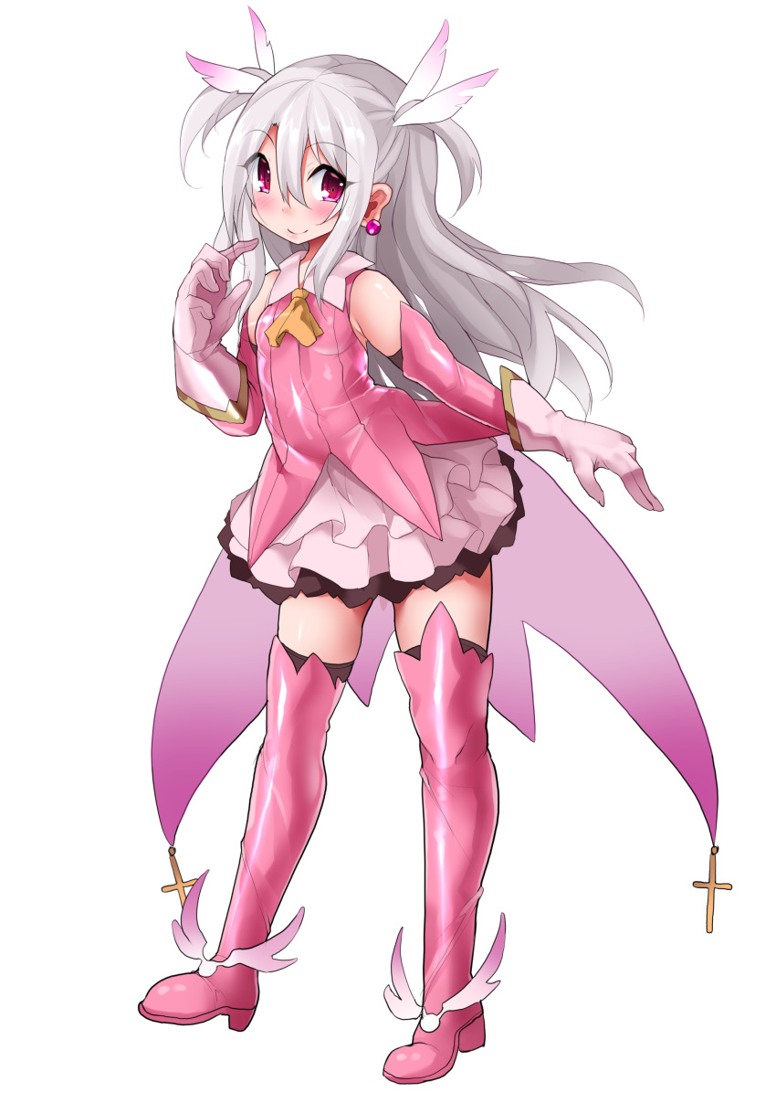 1girl absurdres boots cape fate/grand_order fate/kaleid_liner_prisma_illya fate_(series) feathers flat_chest gloves hair_feathers highres illyasviel_von_einzbern long_hair looking_at_viewer magical_girl nagai_wataru pink_feathers pink_footwear pink_gloves pink_legwear pink_sleeves prisma_illya red_eyes smile solo thigh-highs thigh_boots white_hair