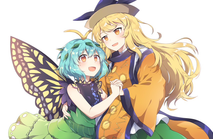2girls :d antennae bangs black_shirt blonde_hair blue_hair breasts brown_eyes butterfly_wings caramell0501 commentary_request constellation_print eternity_larva eyebrows_visible_through_hair green_skirt hair_between_eyes hair_ornament highres holding_hands interlocked_fingers leaf_hair_ornament long_hair long_sleeves matara_okina medium_breasts multiple_girls open_mouth shirt simple_background skirt smile tabard touhou very_long_hair white_background wide_sleeves wings