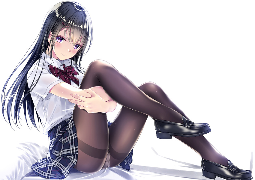 1girl bangs black_footwear black_hair black_legwear black_skirt bow bowtie collared_shirt eyebrows_visible_through_hair full_body highres kobayashi_chisato leg_hug leg_up loafers long_hair looking_at_viewer miniskirt original panties panties_under_pantyhose pantyhose pantyshot plaid plaid_skirt pleated_skirt purple_bow purple_neckwear school_uniform shirt shoes short_sleeves simple_background skirt smile solo straight_hair striped striped_bow striped_neckwear thighband_pantyhose translation_request underwear upskirt violet_eyes white_background white_panties white_shirt wing_collar