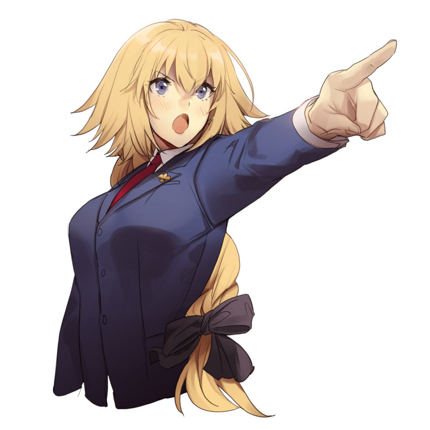 1girl blonde_hair blue_eyes blue_suit cosplay fate/grand_order fate_(series) formal gyakuten_saiban highres jeanne_d'arc_(fate) jeanne_d'arc_(fate)_(all) naruhodou_ryuuichi naruhodou_ryuuichi_(cosplay) no-kan open_mouth pointing simple_background solo suit upper_body white_background