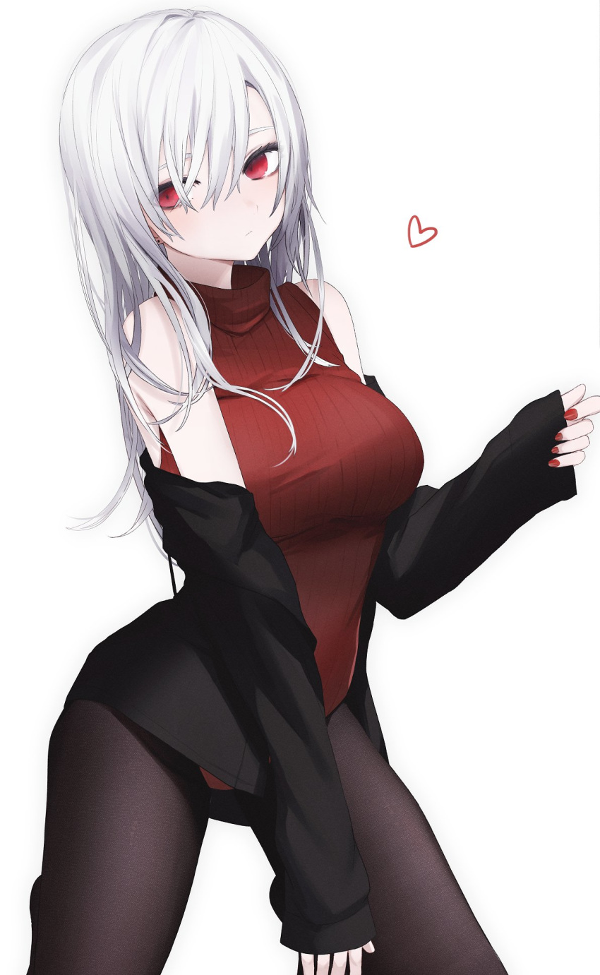 1girl bare_shoulders black_jacket black_legwear breasts closed_mouth expressionless hair_between_eyes highres jacket large_breasts leotard long_hair looking_at_viewer meme_attire migihidari_(puwako) nail_polish off_shoulder open_clothes open_jacket original pantyhose red_eyes red_leotard red_nails ribbed_leotard simple_background solo turtleneck_leotard white_background white_hair