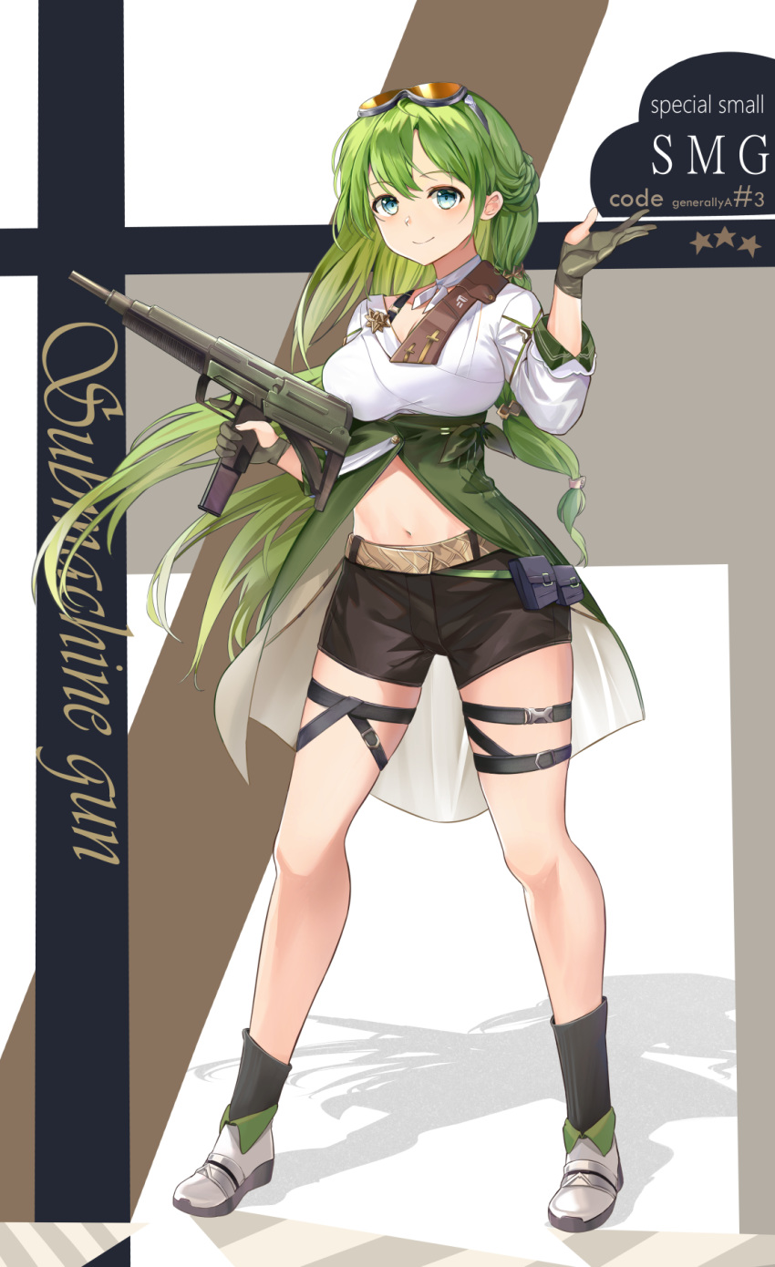 1girl belt belt_pouch black_legwear black_shorts blue_eyes breasts choker crop_top full_body gloves goggles goggles_on_head green_hair gun hand_up highres holding large_breasts legs_apart long_hair long_sleeves looking_at_viewer midriff mosta_(lo1777789) navel original partly_fingerless_gloves pouch ribbon_choker shirt shoes short_shorts shorts smile socks solo standing stomach submachine_gun thigh_strap thighs very_long_hair weapon weapon_request white_footwear white_shirt