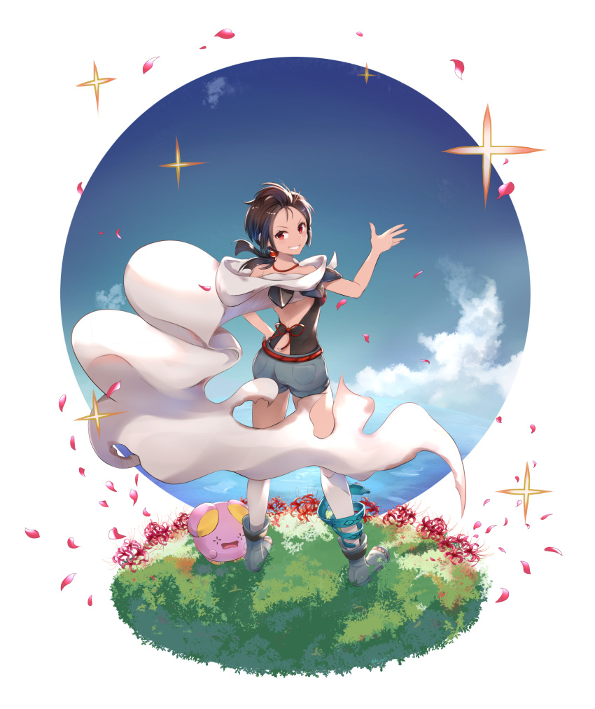 1girl blue_shorts brown_hair cape faux_figurine flower from_behind full_body gen_3_pokemon grey_footwear grin hand_on_hip higana_(pokemon) highres looking_at_viewer looking_back odd_(hin_yari) petals pokemon pokemon_(creature) pokemon_(game) pokemon_oras ponytail red_eyes red_flower shiny shiny_hair short_shorts shorts smile solo standing whismur white_background white_cape