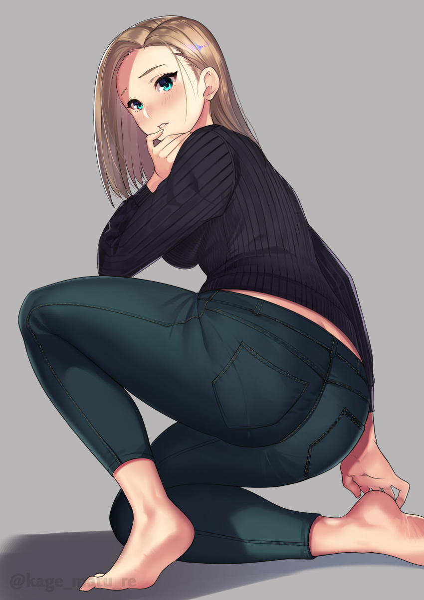 1girl absurdres aqua_eyes arched_soles ass back barefoot black_sweater blonde_hair breasts butt_crack denim feet fine_fabric_emphasis from_behind from_below green_pants grey_background hand_up highres holding_own_foot kagematsuri long_hair long_sleeves looking_at_viewer looking_back lowleg lowleg_pants original pants pantylines parted_hair parted_lips pocket ribbed_sweater shadow soles solo squatting sweater toes twitter_username watermark