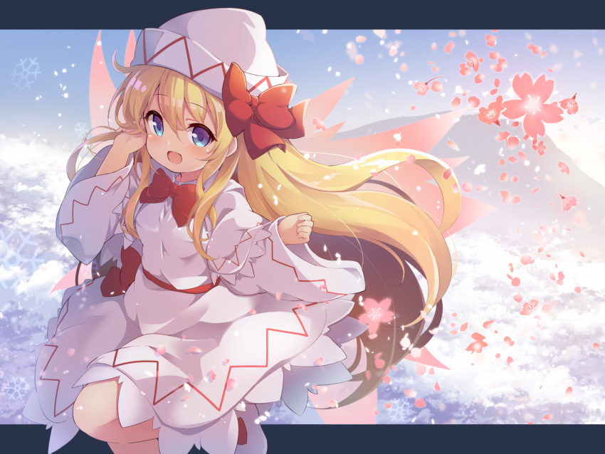 1girl baku-p blonde_hair blue_eyes bow bowtie day dress fairy_wings floating_hair flower hat highres letterboxed lily_white long_hair long_sleeves looking_at_viewer mountain open_mouth outdoors pink_flower red_neckwear sash smile solo spring_(season) touhou very_long_hair white_dress white_headwear wide_sleeves wind wings