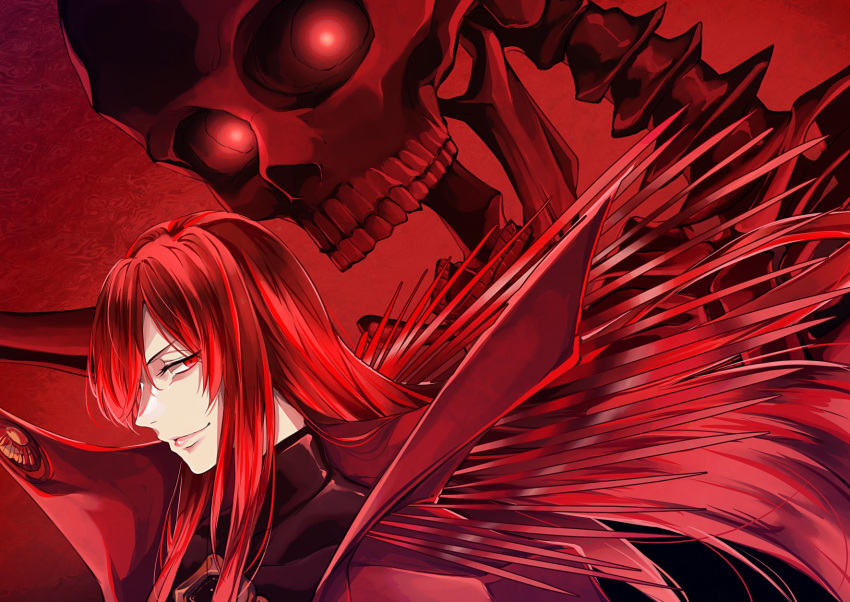 1other bangs black_bodysuit bodysuit bone cape fate/grand_order fate_(series) floating_hair from_side glowing glowing_eye hair_between_eyes hair_over_one_eye high_collar highres long_hair looking_at_viewer oda_nobunaga_(fate)_(all) oda_nobunaga_(maou_avenger)_(fate) open_mouth red_cape red_eyes redhead sho_480 skeleton skull smile solo upper_body very_long_hair