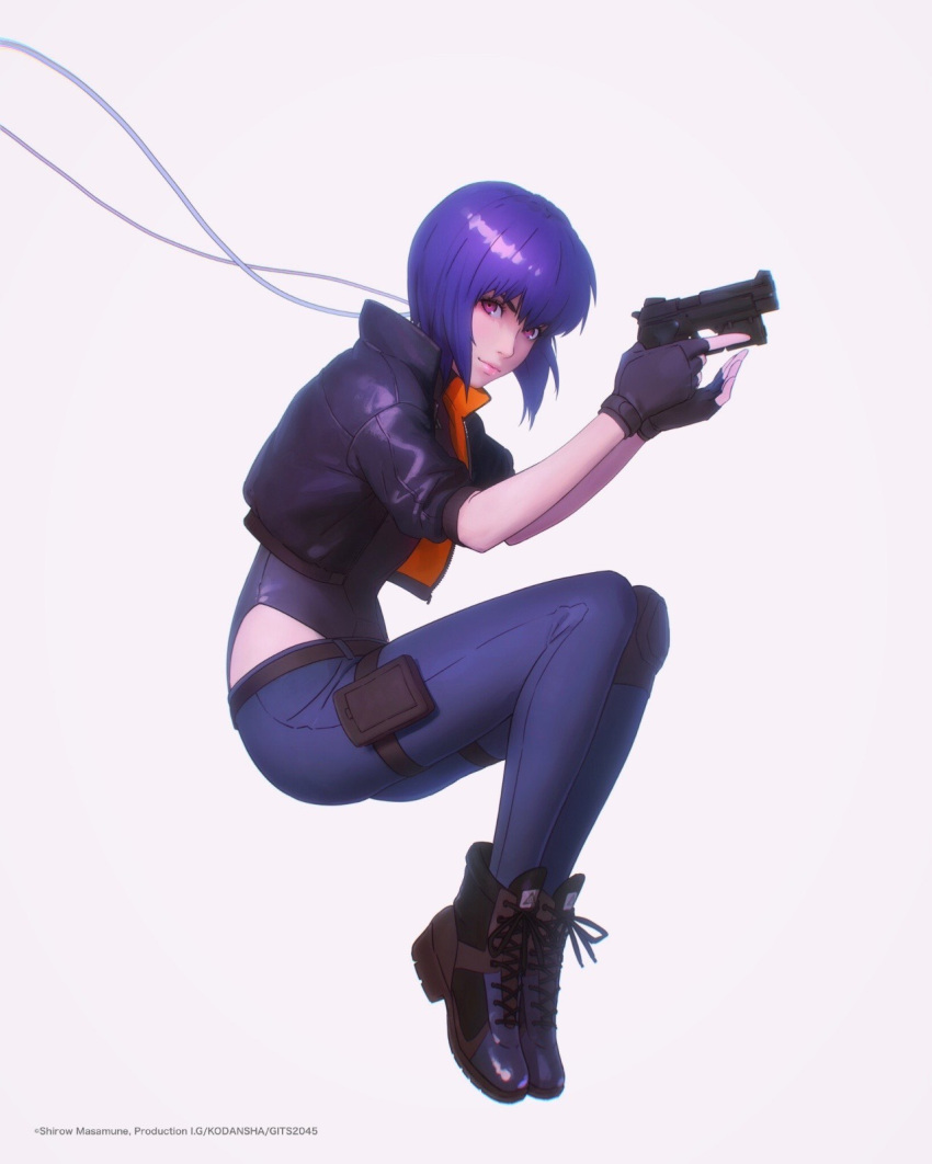 1girl bangs cable cropped_jacket fingerless_gloves ghost_in_the_shell:_sac_2045 gloves gun handgun highleg highleg_leotard highres holding holding_gun holding_weapon ilya_kuvshinov jacket knee_pads kusanagi_motoko leotard looking_at_viewer open_clothes open_jacket pants purple_hair red_eyes short_hair short_sleeves solo trigger_discipline watermark weapon white_background