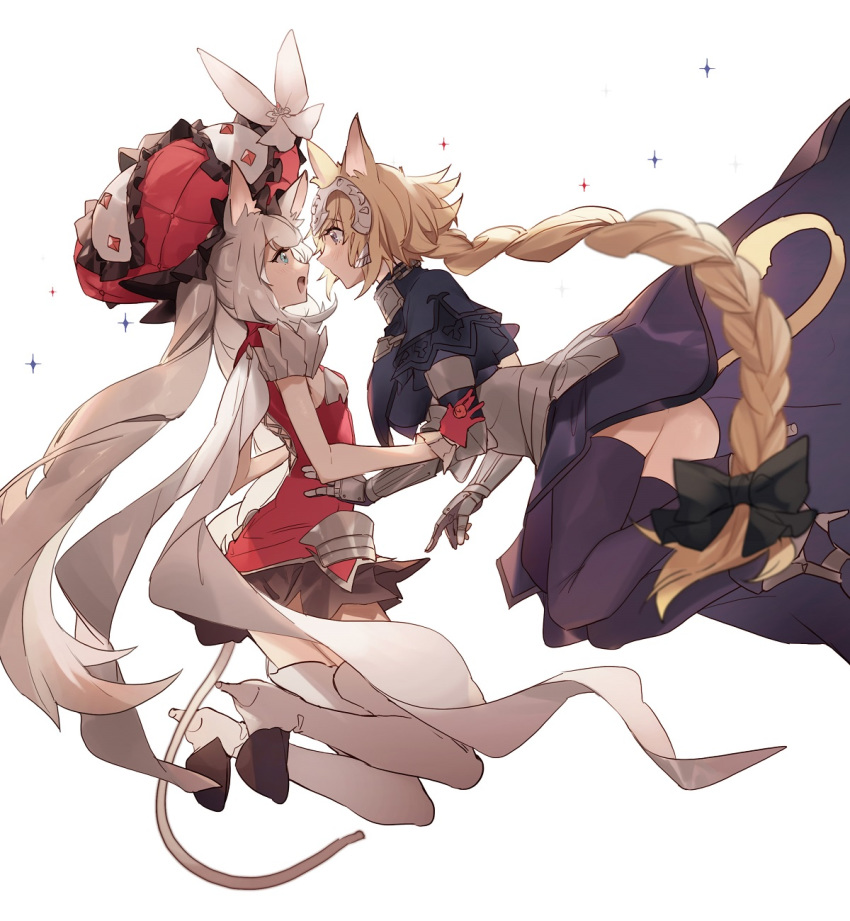 2girls animal_ears armor black_ribbon blonde_hair blue_eyes bow capelet cat_ears chain fate/apocrypha fate/grand_order fate_(series) floating frilled_hat frills full_body gauntlets gloves hair_ribbon hat hat_bow headpiece highres jeanne_d'arc_(fate) jeanne_d'arc_(fate)_(all) large_hat long_hair looking_at_another marie_antoinette_(fate/grand_order) multiple_girls no-kan open_mouth red_gloves red_headwear ribbon silver_hair smile twintails violet_eyes white_bow