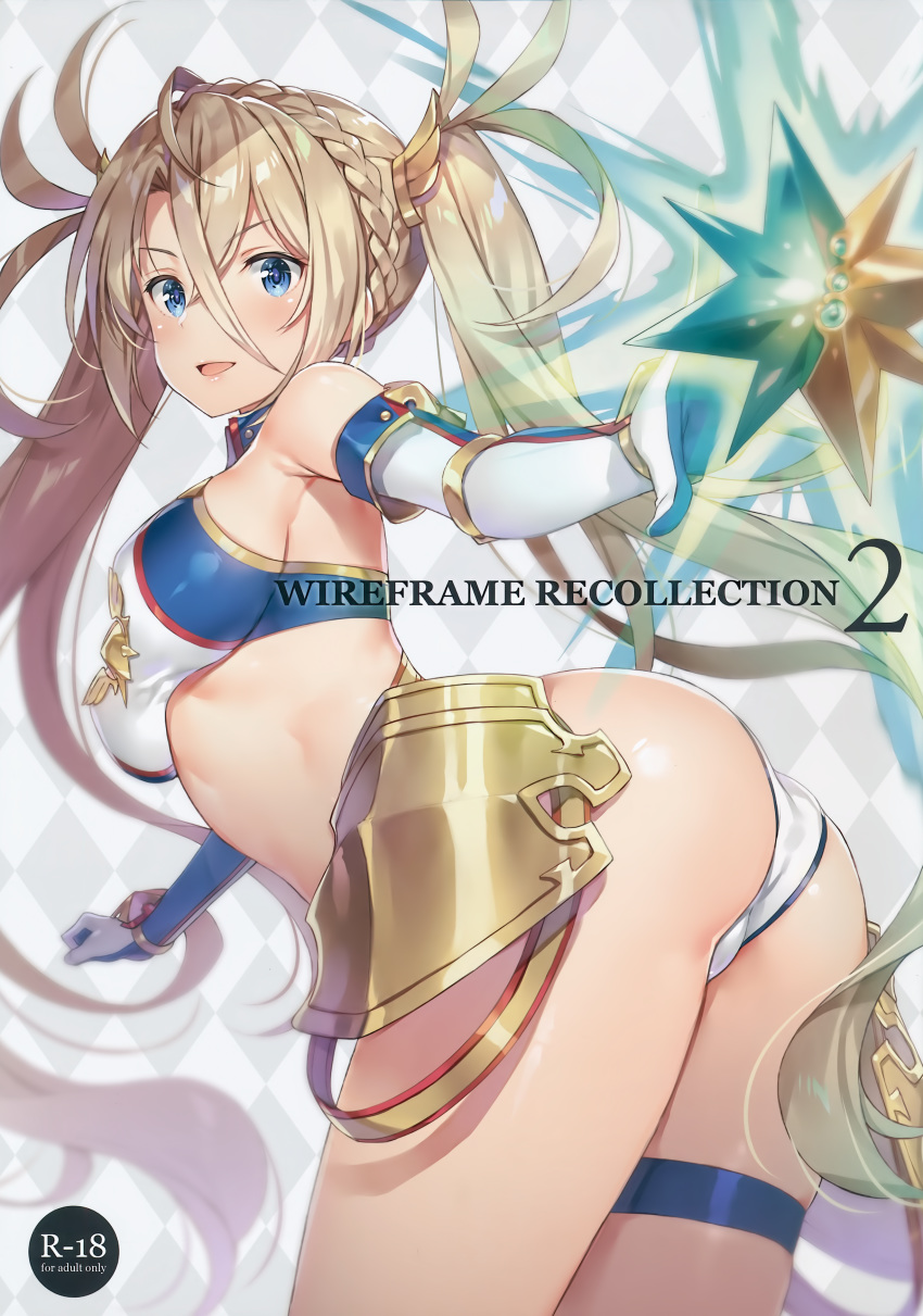 1girl absurdres armor ass bangs bare_shoulders blonde_hair blue_eyes blush bradamante_(fate/grand_order) braid breasts clenched_hand crown_braid elbow_gloves eyebrows_visible_through_hair fate/grand_order fate_(series) faulds floating floating_object gloves good_ass_day highres long_hair looking_at_viewer looking_back medium_breasts midriff open_mouth scan shiny shiny_clothes shiny_hair shiny_skin simple_background sleeveless smile solo thigh_strap thighs tied_hair twintails very_long_hair white_background yuuki_hagure