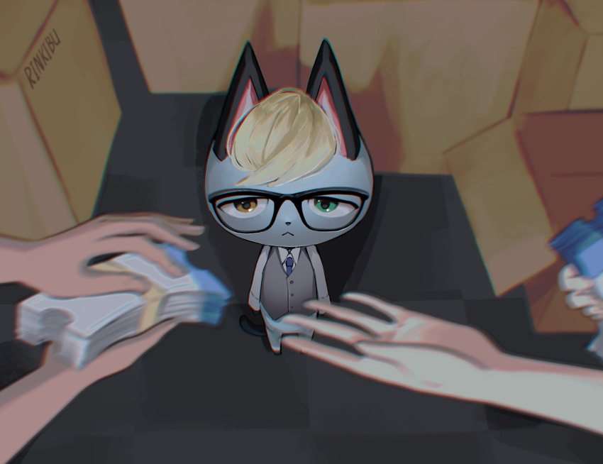 1boy 2others :&lt; ambiguous_gender animal_ears artist_name bangs black-framed_eyewear blonde_hair blue_neckwear blurry_foreground bottomless box brown_eyes cardboard_box cat_ears cat_tail chromatic_aberration closed_mouth dark doubutsu_no_mori english_commentary full_body furry glasses green_eyes grey_vest heterochromia highres holding indoors jack_(doubutsu_no_mori) long_sleeves looking_up male_focus multiple_others necktie rinkibu sad shirt short_hair signature solo_focus standing tail ticket vest white_shirt