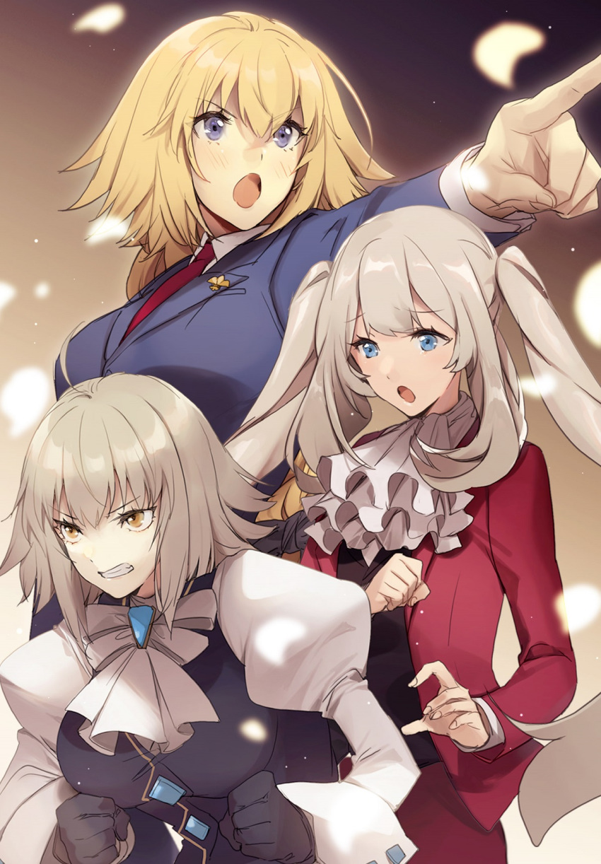 3girls black_ribbon black_vest blonde_hair blue_eyes blue_jacket blue_suit braid cosplay eyebrows_visible_through_hair fate/apocrypha fate/grand_order fate_(series) formal gyakuten_saiban highres jacket jeanne_d'arc_(alter)_(fate) jeanne_d'arc_(fate) jeanne_d'arc_(fate)_(all) karuma_mei karuma_mei_(cosplay) long_braid long_hair marie_antoinette_(fate/grand_order) mitsurugi_reiji mitsurugi_reiji_(cosplay) multiple_girls naruhodou_ryuuichi naruhodou_ryuuichi_(cosplay) necktie no-kan open_clothes open_jacket open_mouth pants red_jacket red_suit ribbon silver_hair simple_background suit suit_jacket twintails vest violet_eyes