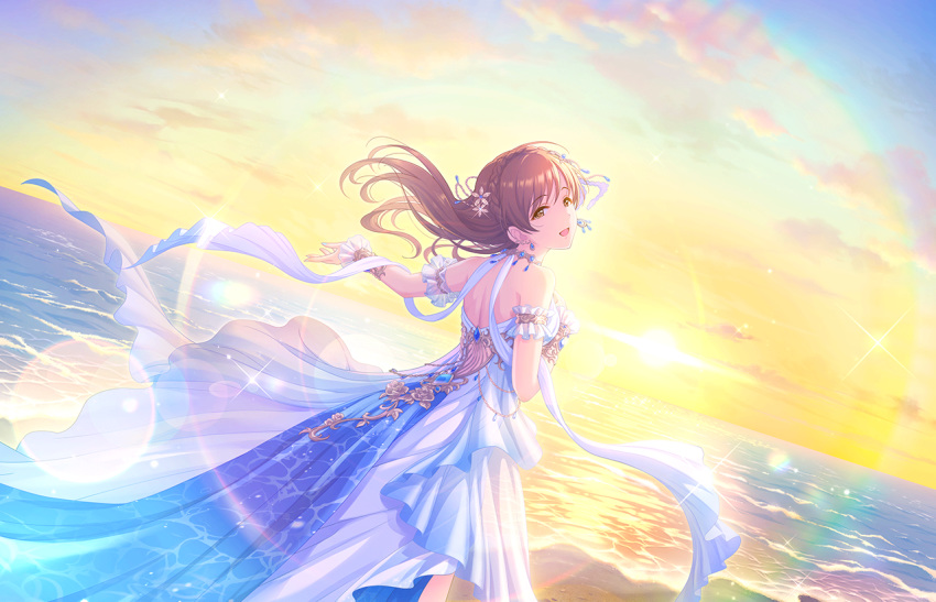 blush brown_eyes brown_hair dress idolmaster_cinderella_girls_starlight_stage long_hair nitta_minami smile summer