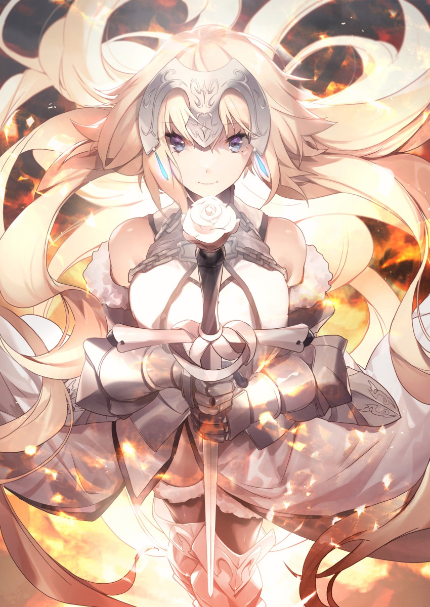1girl blonde_hair blue_eyes breasts chain fate/apocrypha fate/grand_order fate_(series) flower gauntlets headgear highres holding holding_sword holding_weapon jeanne_d'arc_(fate) jeanne_d'arc_(fate)_(all) long_hair looking_at_viewer no-kan smile sword very_long_hair weapon white_flower