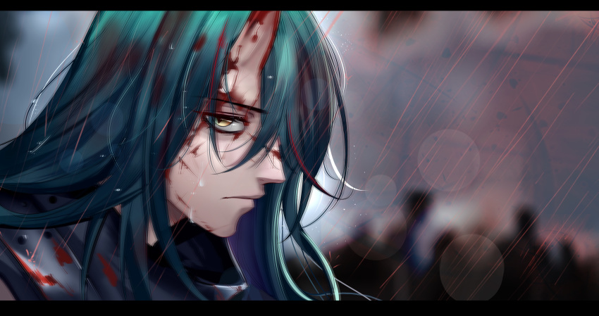 1girl absurdres arknights blood blood_on_face blood_splatter bloody_clothes chinese_commentary closed_mouth from_side glaring green_hair highres hoshiguma_(arknights) lan_yu letterboxed long_hair looking_at_viewer oni_horn portrait profile rain red_rain solo wet yellow_eyes