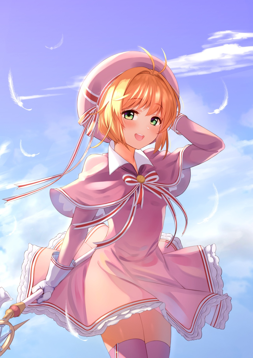 1girl :d antenna_hair bangs blonde_hair blue_sky cardcaptor_sakura clouds cowboy_shot dress eyebrows_visible_through_hair gloves green_eyes hair_intakes hand_on_headwear hat hat_ribbon highres holding holding_staff kinomoto_sakura layered_dress muryou_myakudou open_mouth pink_capelet pink_dress pink_headwear ribbon shiny shiny_hair short_dress short_hair sky smile solo staff standing white_feathers white_gloves