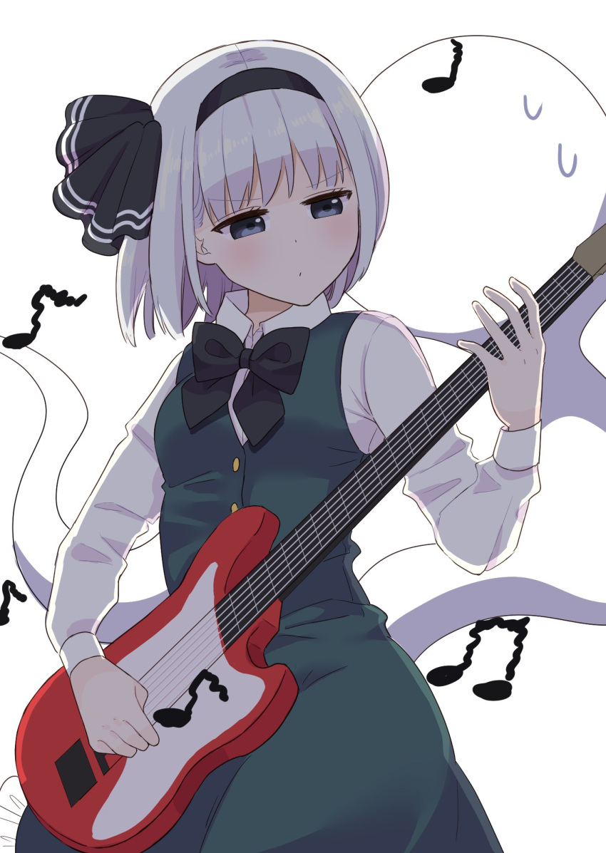 1girl :/ bangs black_hairband black_neckwear blush bow breasts closed_mouth collared_shirt commentary_request dot_mouth dot_nose electric_guitar eyelashes focused frilled_skirt frills green_eyes green_skirt green_vest guitar hairband highres hitodama holding holding_instrument instrument konpaku_youmu long_sleeves looking_to_the_side medium_breasts miniskirt musical_note serious shirt short_hair silver_hair simple_background skirt solo standing stigma1101 sweatdrop touhou upper_body vest white_background wing_collar wrist_cuffs