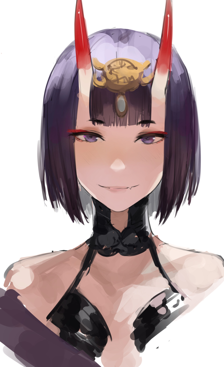 1girl absurdres bangs bare_shoulders blazpu bob_cut breasts collarbone eyeliner fate/grand_order fate_(series) headpiece highres horns japanese_clothes kimono looking_at_viewer makeup oni oni_horns purple_hair purple_kimono short_hair shuten_douji_(fate/grand_order) skin-covered_horns small_breasts upper_body violet_eyes