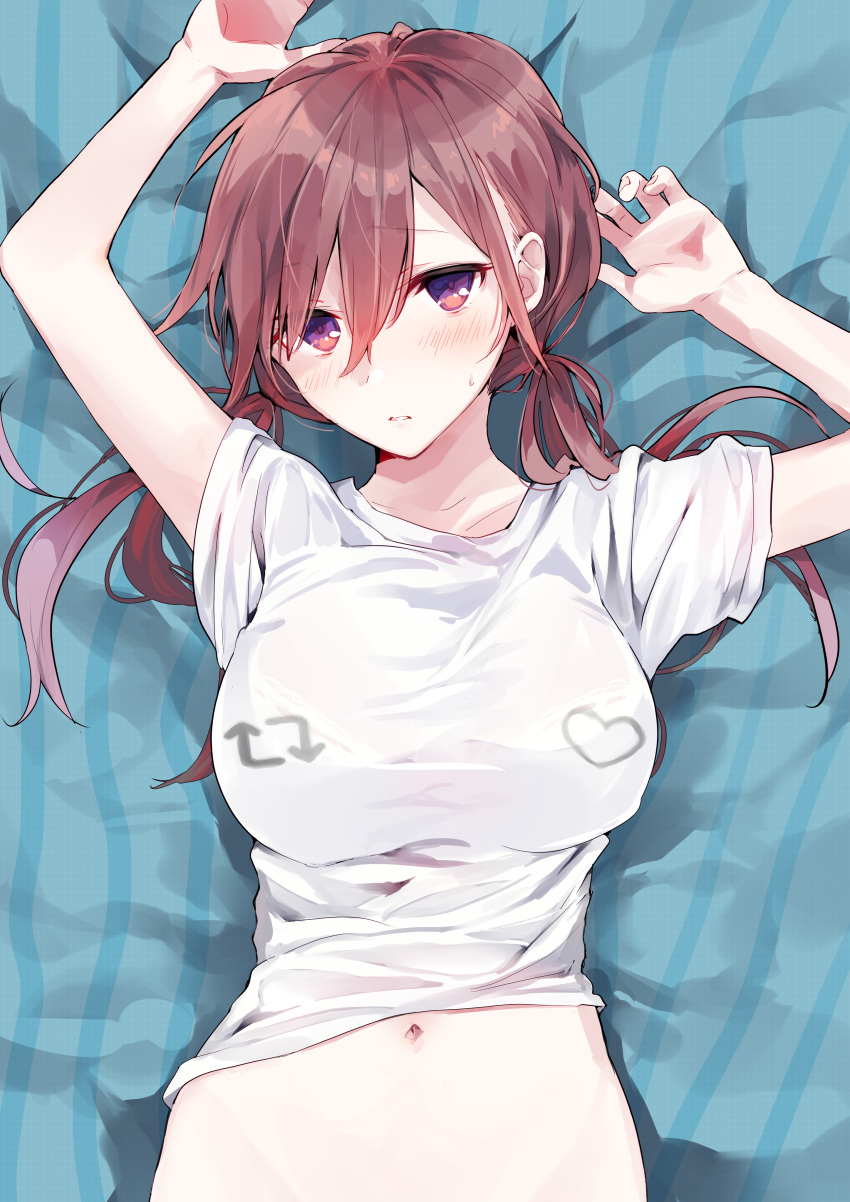 1girl absurdres arms_up arrow_(symbol) bangs bed_sheet blush breasts brown_hair collarbone commentary_request eyebrows_visible_through_hair hair_between_eyes heart highres large_breasts long_hair looking_at_viewer low_twintails navel original parted_lips shirt shirt_lift short_sleeves solo stomach sweat tomozero twintails twitter upper_body violet_eyes white_shirt