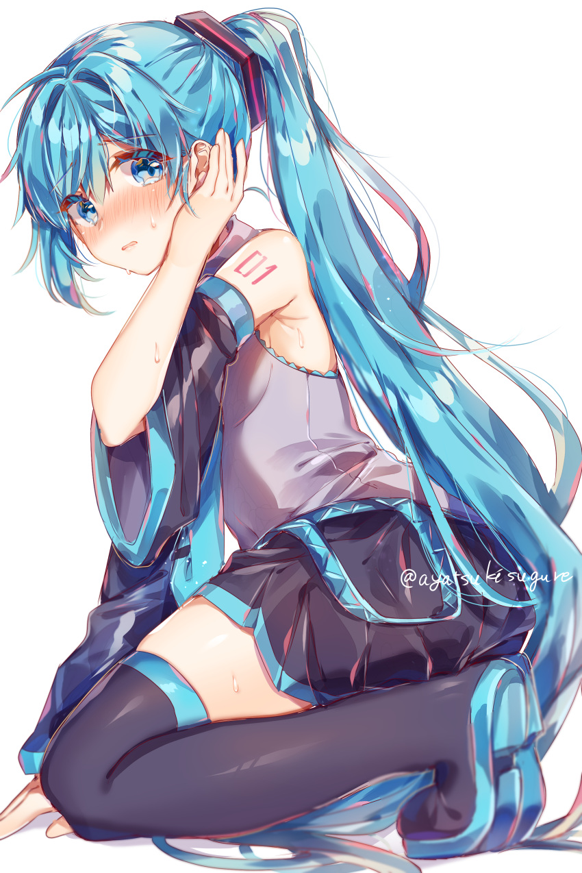 1girl absurdres adjusting_hair artist_name ayatsuki_sugure bangs black_skirt blue_eyes blue_hair blush boots breasts commentary_request detached_sleeves eyebrows_visible_through_hair grey_shirt hair_between_eyes hatsune_miku highres kneeling long_hair looking_at_viewer pleated_skirt ponytail shiny shiny_hair shirt sidelocks simple_background skirt sleeveless sleeveless_shirt small_breasts solo sweat thigh-highs thigh_boots vocaloid wavy_mouth white_background wide_sleeves