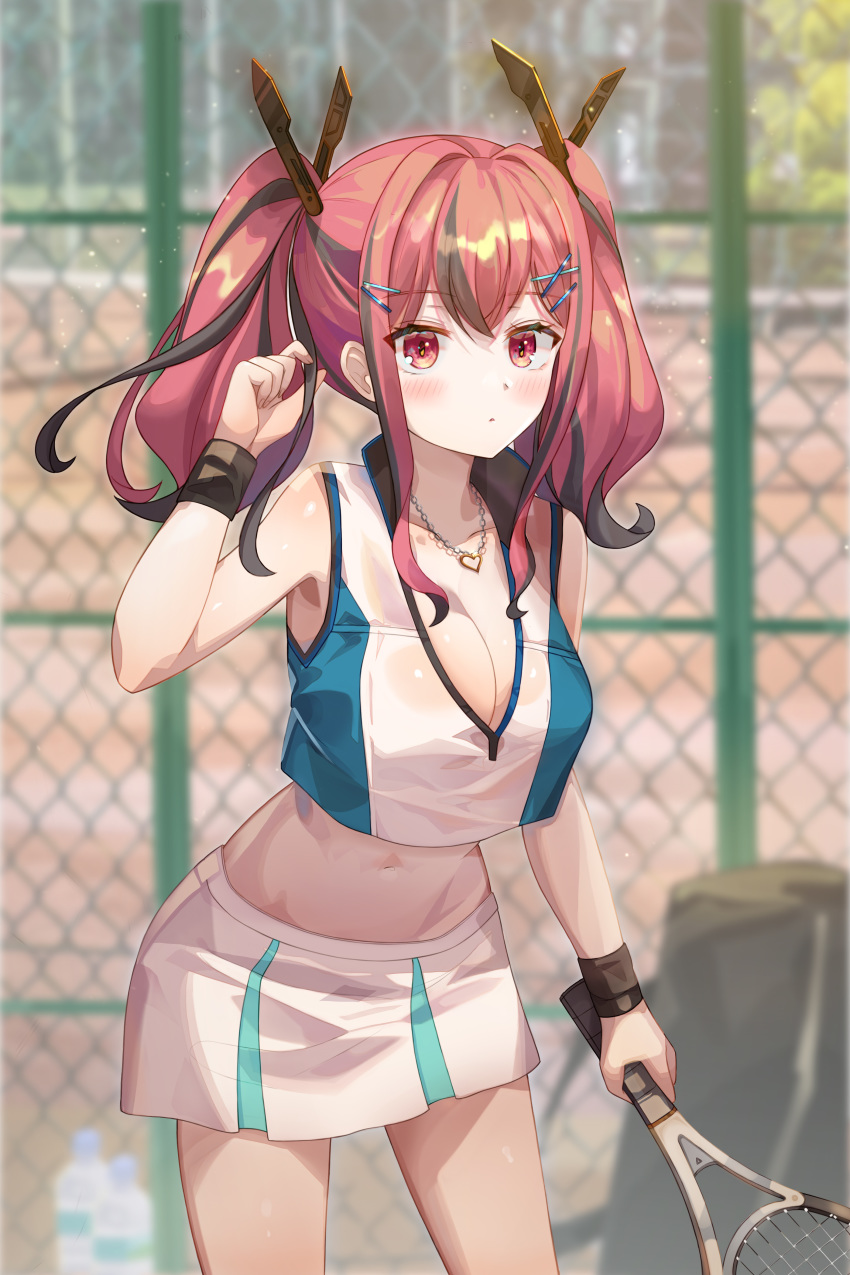 1girl absurdres azur_lane bangs bare_shoulders blush bottle breasts bremerton_(azur_lane) bremerton_(scorching-hot_training)_(azur_lane) chain-link_fence crop_top fence grey_hair hair_between_eyes hair_ornament hairclip heart heart_necklace highres holding_racket large_breasts long_hair looking_at_viewer multicolored_hair pink_eyes pink_hair racket remonbabena_(tjwlguso3o_n) shirt sleeveless sleeveless_shirt sportswear streaked_hair tennis_racket tennis_uniform twintails two-tone_shirt two-tone_skirt water_bottle x_hair_ornament