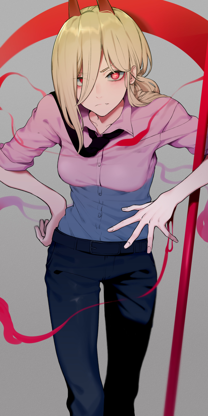 1girl absurdres black_neckwear blonde_hair blood breasts chainsaw_man closed_mouth collared_shirt crosshair crosshair_eyes crosshair_pupils demon_girl demon_horns fang formal frown hair_between_eyes highres horns long_hair long_sleeves looking_at_viewer necktie pants pink_shirt power_(chainsaw_man) red_eyes scythe shirt simple_background sleeves_rolled_up solo st_(youx1119) suit symbol-shaped_pupils symbol_in_eye