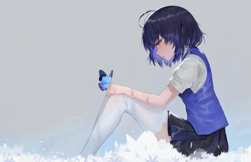 1girl ahoge animal animal_on_hand black_hair black_skirt blue_eyes blue_hair blue_vest bug butterfly butterfly_on_finger commentary_request crying crying_with_eyes_open dokomon flower gradient_hair grey_background highres honkai_(series) honkai_impact_3rd insect knees_up korean_commentary multicolored_hair parted_lips pleated_skirt seele_vollerei shirt short_sleeves sitting skirt solo tears thigh-highs vest white_flower white_legwear white_shirt